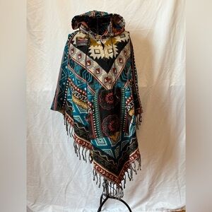 073 - Aztec Pattern Hooded Poncho